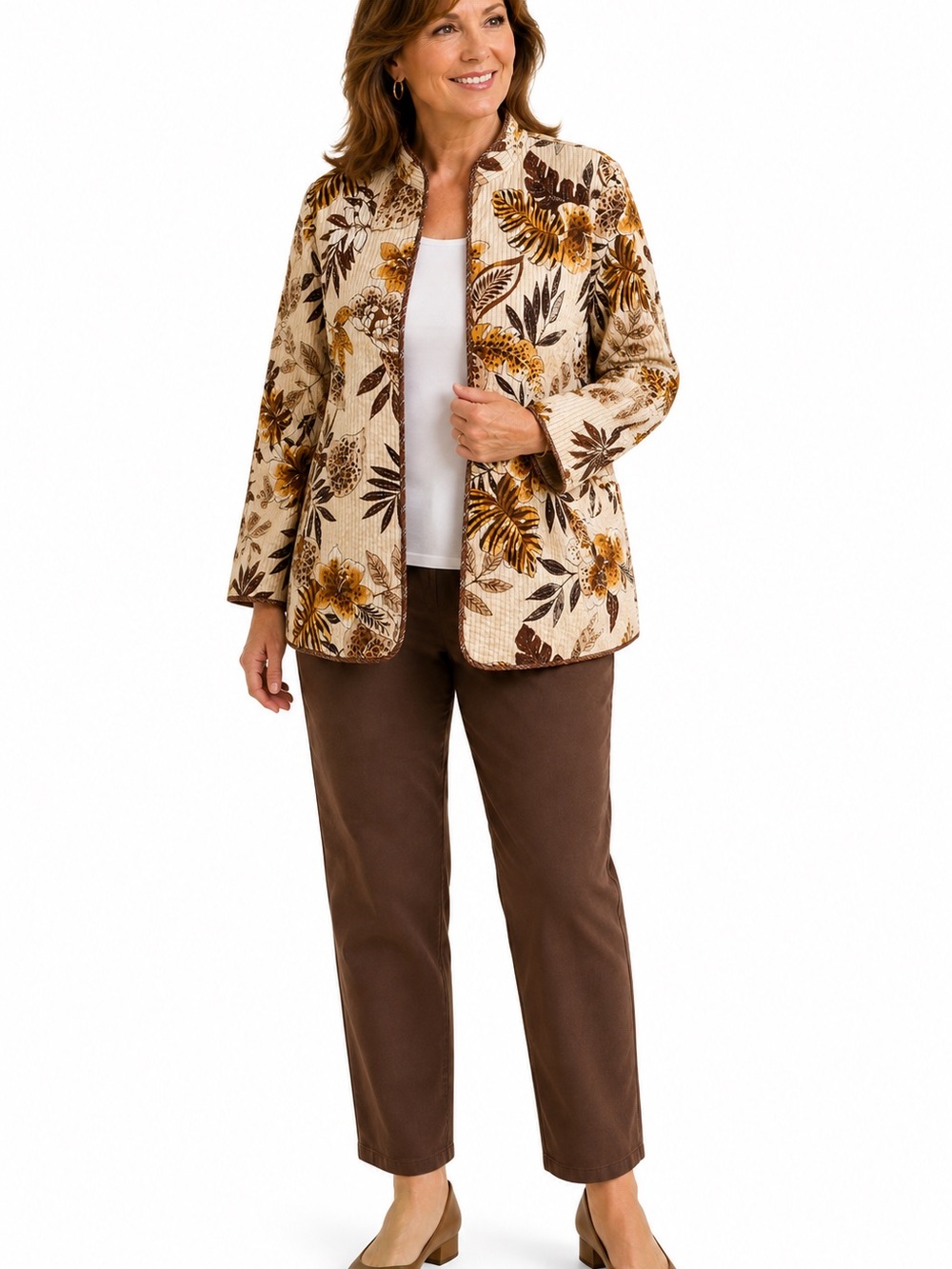 Alfred Dunner Quilted Floral Cotton Jacket Brown Ivory Size 18 Open Front